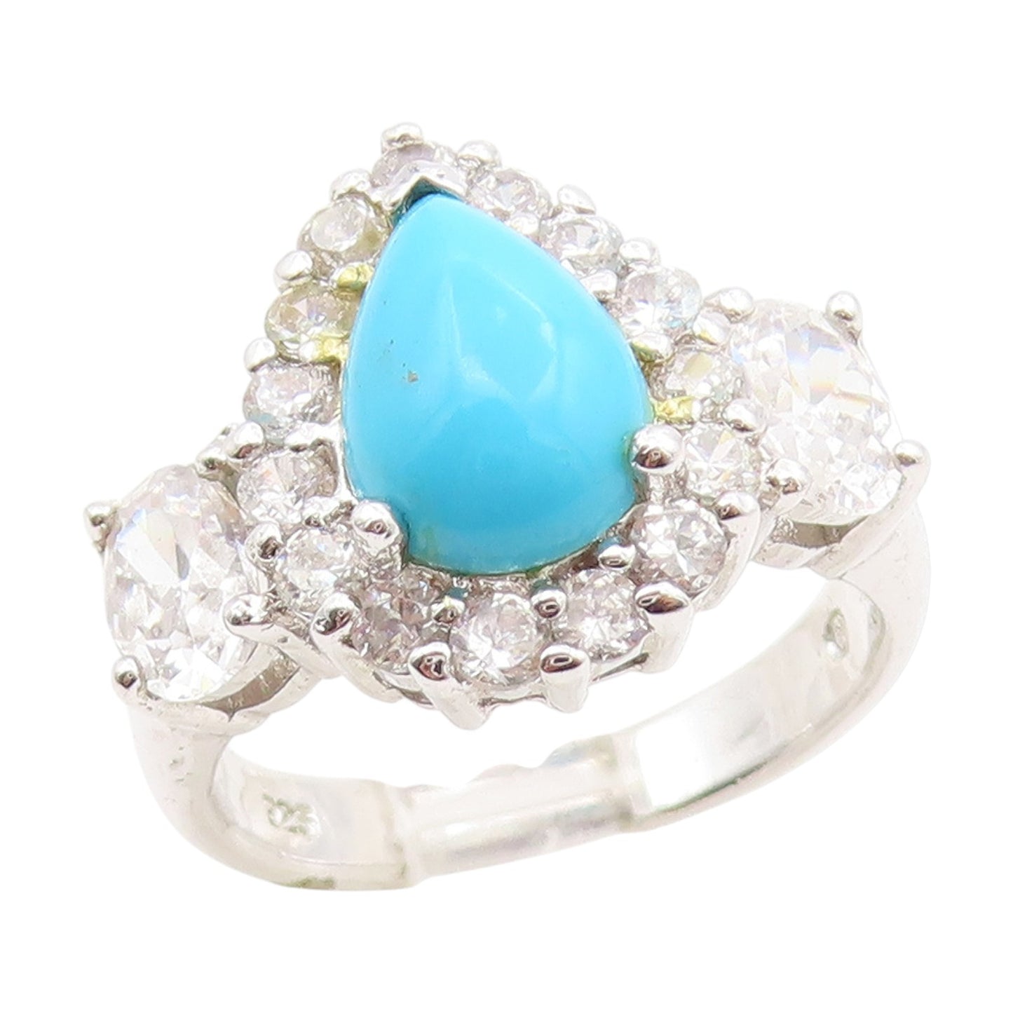 925 Sterling Silver Vintage Ring Pear Cut Turquoise Halo CZ Band  Sz 6  RG34622