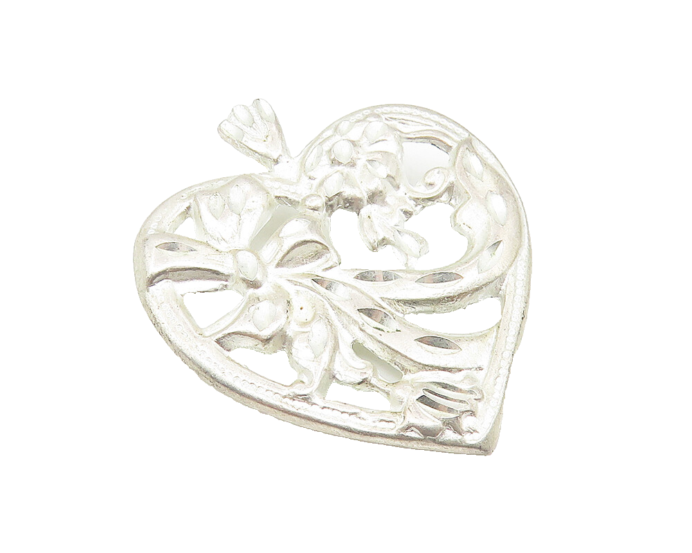 925 Sterling Silver  Vintage Shiny Diamond Cut Ribbon Heart Pendant  PT8690