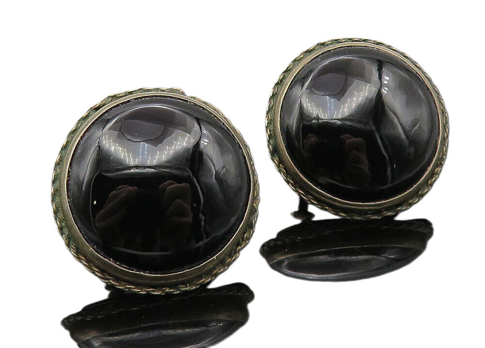 925 Sterling Silver  Vintage Black Onyx Twist Non Pierce Earrings  EG5711