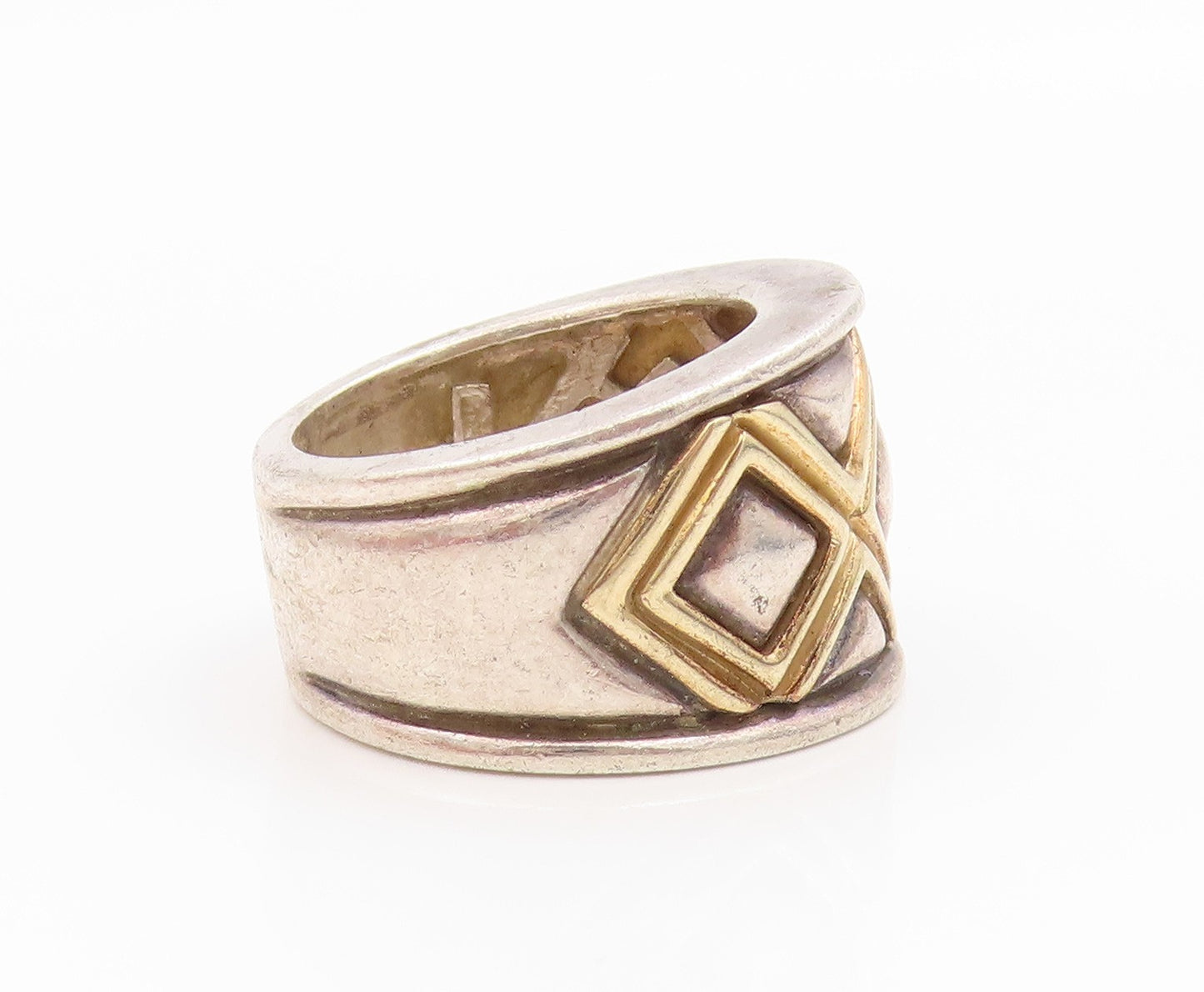 14k Gold & 925 Sterling Silver Vintage Ring Geometric Quilt Band Sz 6.5 RG35793