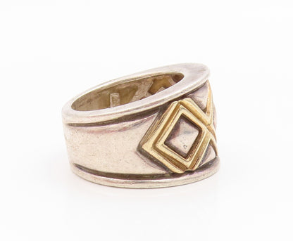 14k Gold & 925 Sterling Silver Vintage Ring Geometric Quilt Band Sz 6.5 RG35793