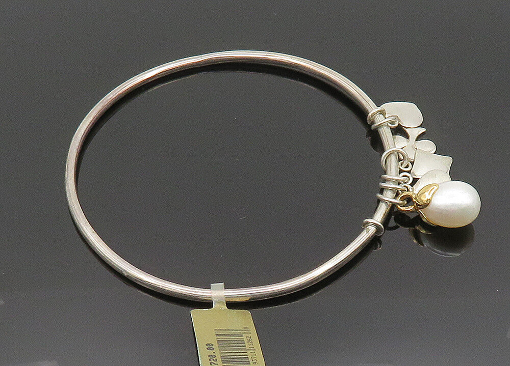 925 Silver & 14K GOLD  Vintage Shiny Pearl & Charms Bangle Bracelet  BT8086