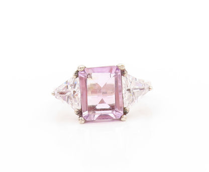 925 Sterling Silver Vintage Ring Rectangle Amethyst Triangle Topaz  Sz 8 RG32993