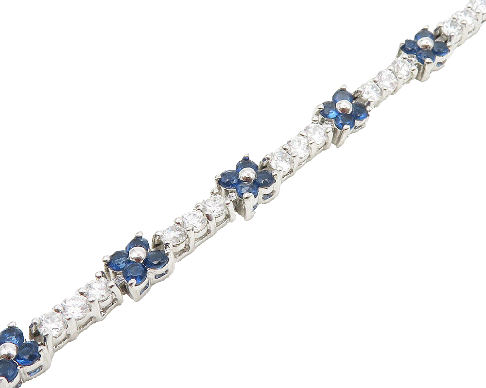 925 Sterling Silver  Cubic Zirconia & Blue Topaz Floral Chain Bracelet  BT6842