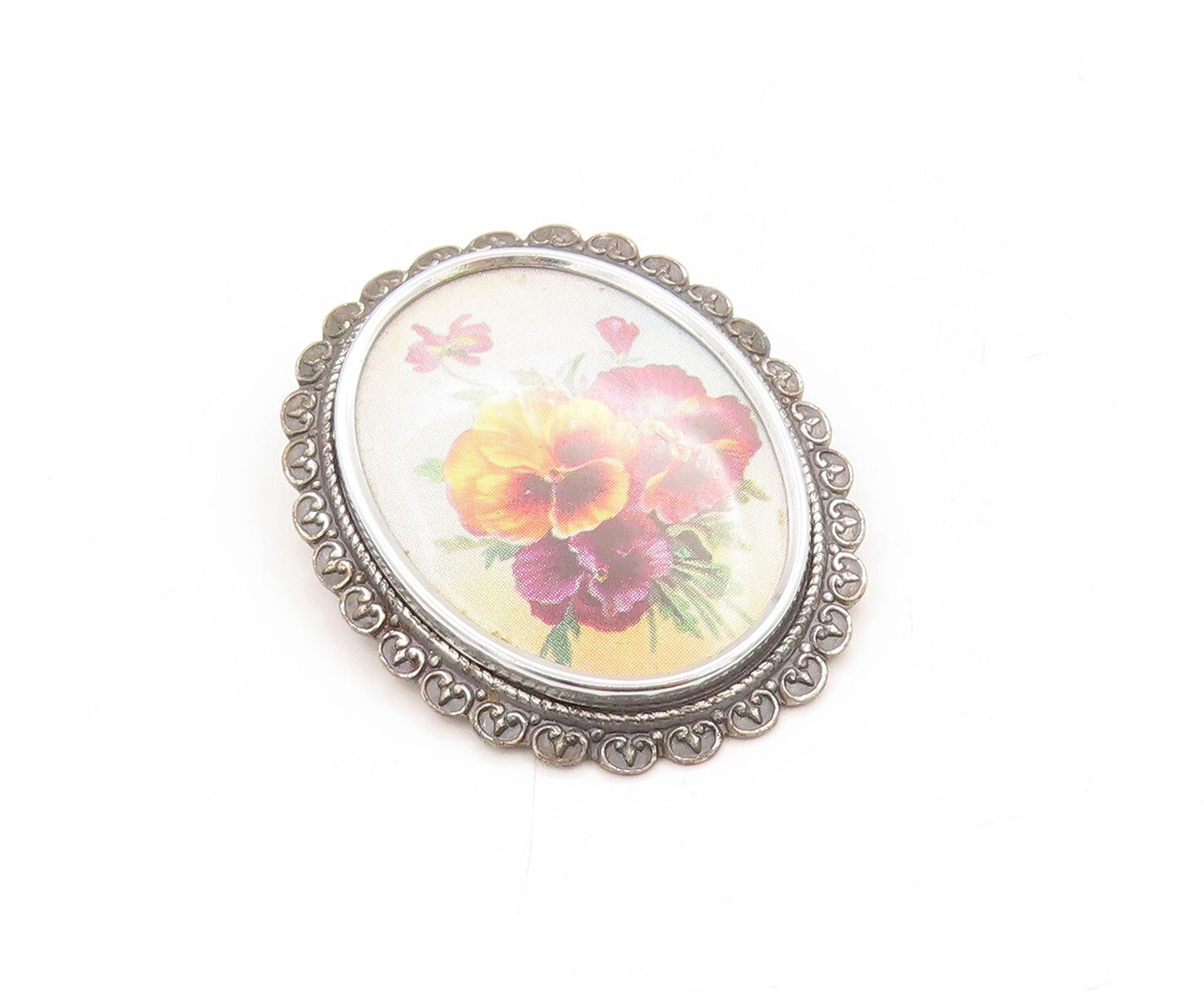 925 Sterling Silver Vintage Brooch Pin ENGLAND Flowers Enameled Carved BP11330