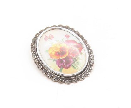 925 Sterling Silver Vintage Brooch Pin ENGLAND Flowers Enameled Carved BP11330