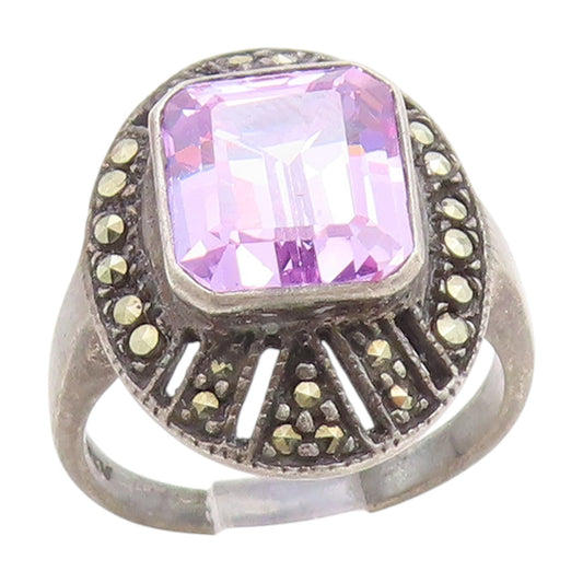 925 Sterling Silver Vintage Ring Purple Amethyst & Marcasite Band  Sz 6  RG34820