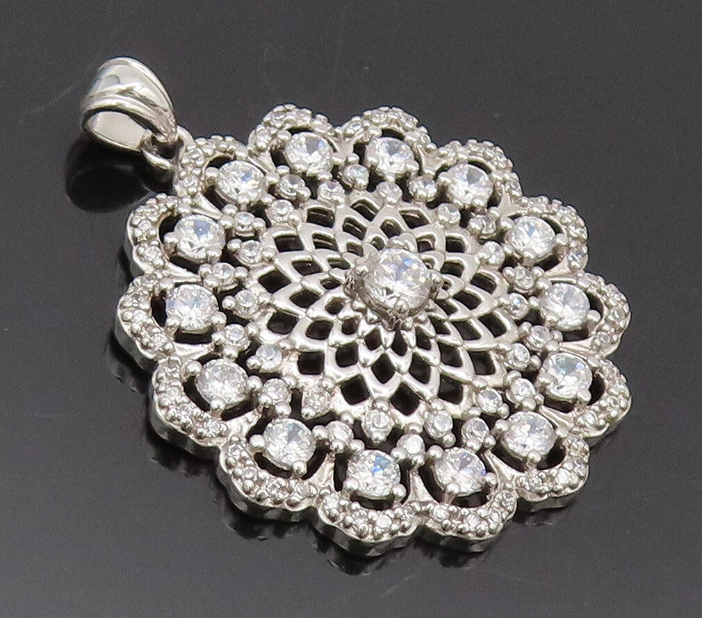 925 Sterling Silver Vintage Pendant CZ Round Sunflower Shape Carved  PT22511