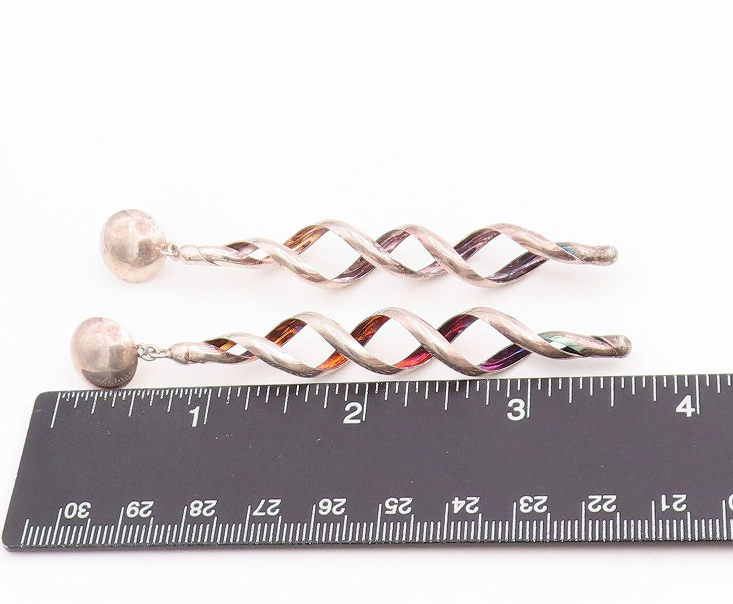 925 Sterling Silver Vintage Earrings Modernist Twisted Spiral Dangles  EG13760