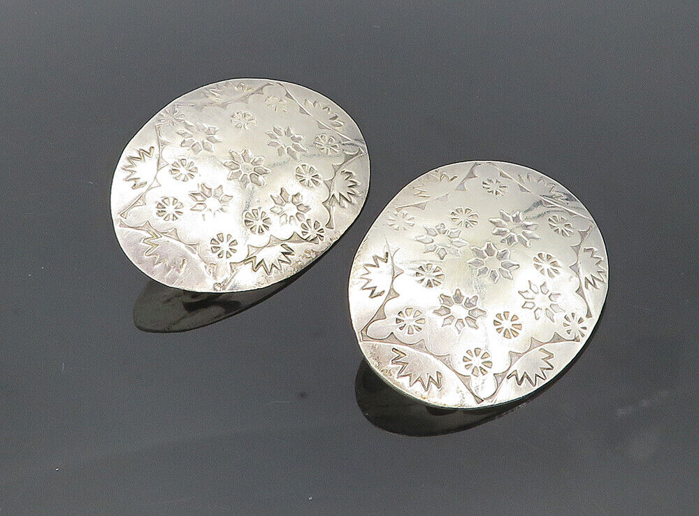 MEXICO 925 Sterling Silver  Vintage Floral Pattern Non Pierce Earrings  EG4241