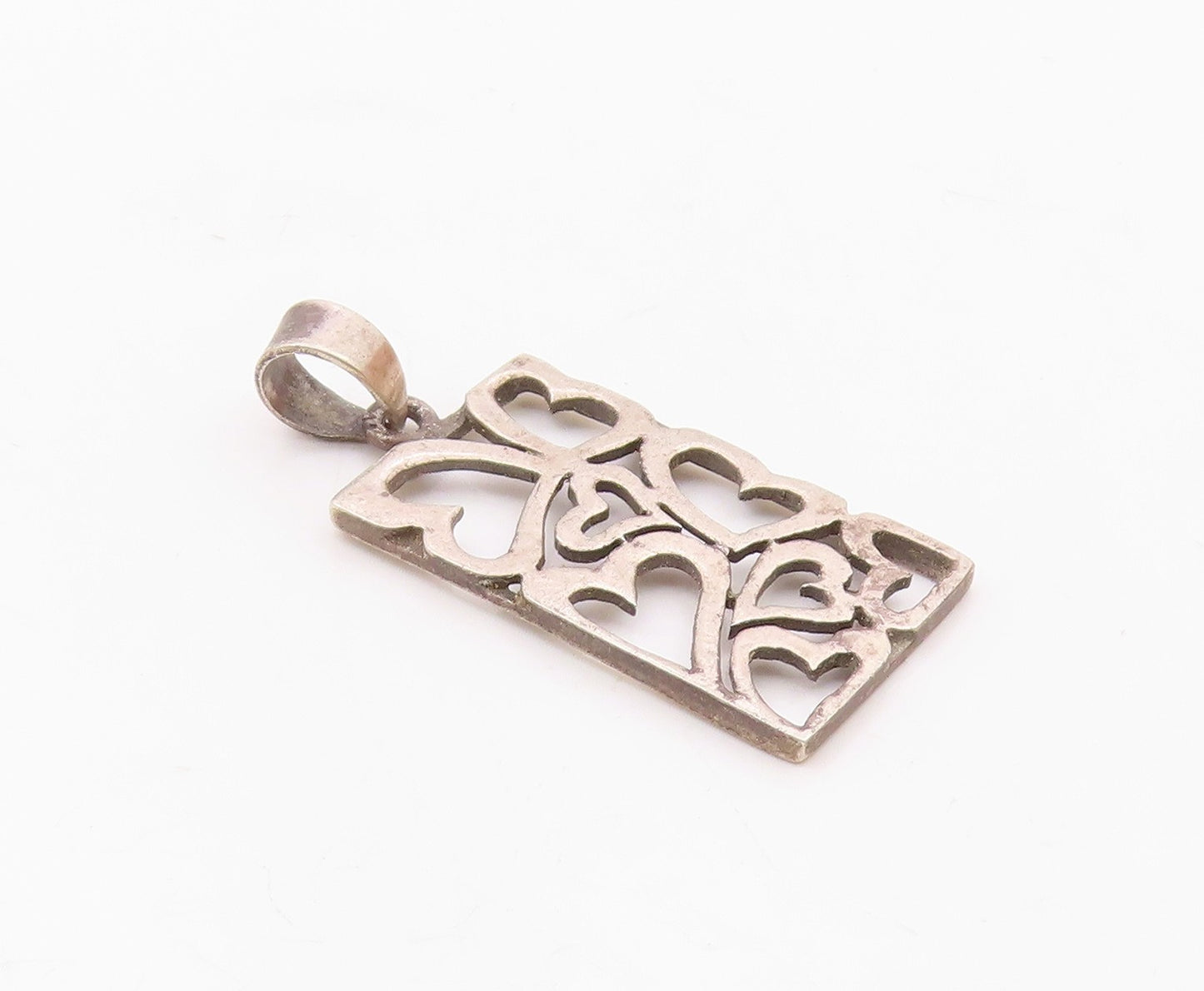 925 Sterling Silver Vintage Open Love Hearts Rectangular Drop Pendant PT20215