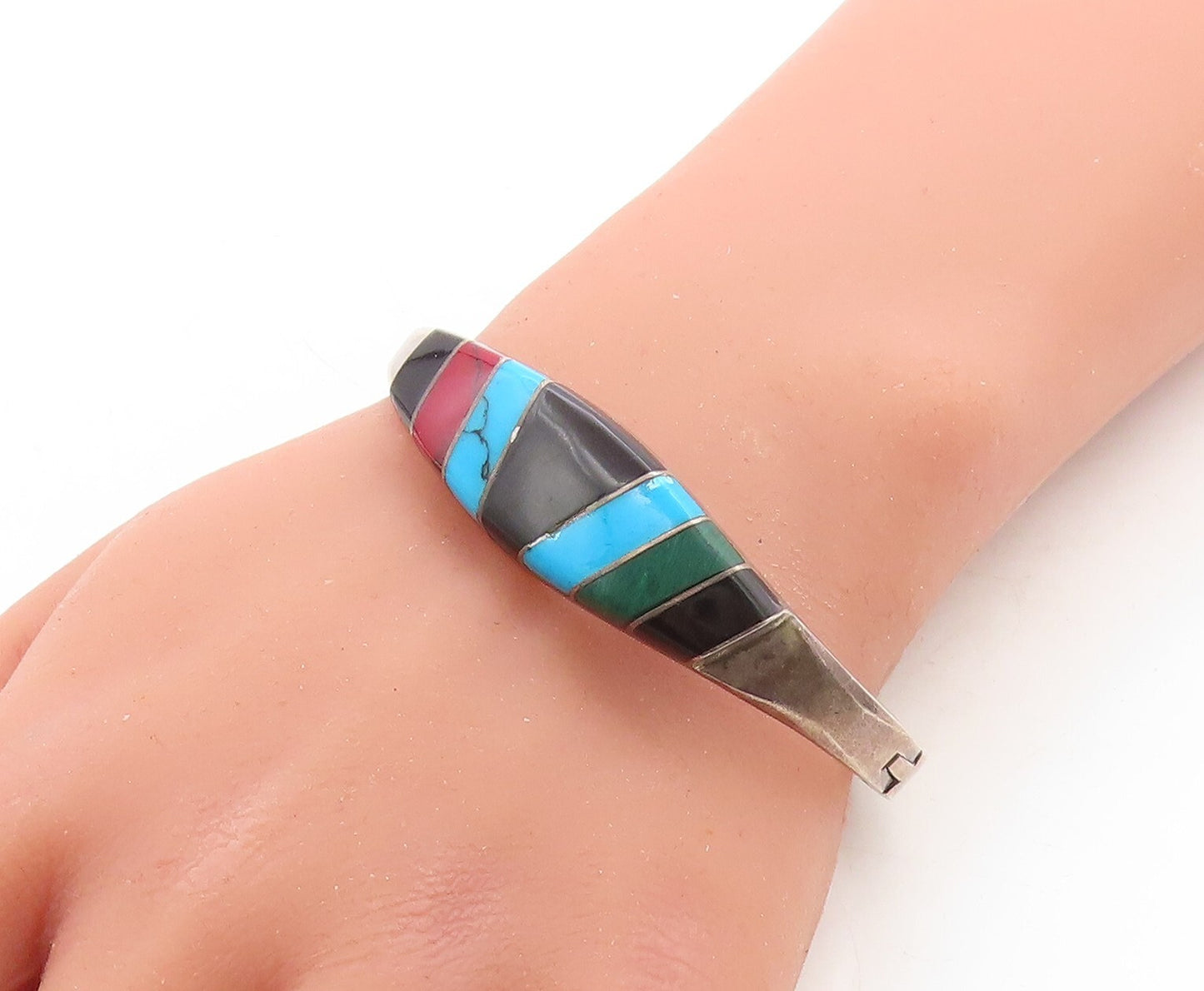 MEXICO 925 Silver  Vintage Onyx Turquoise & Malachite Bangle Bracelet  BT1410