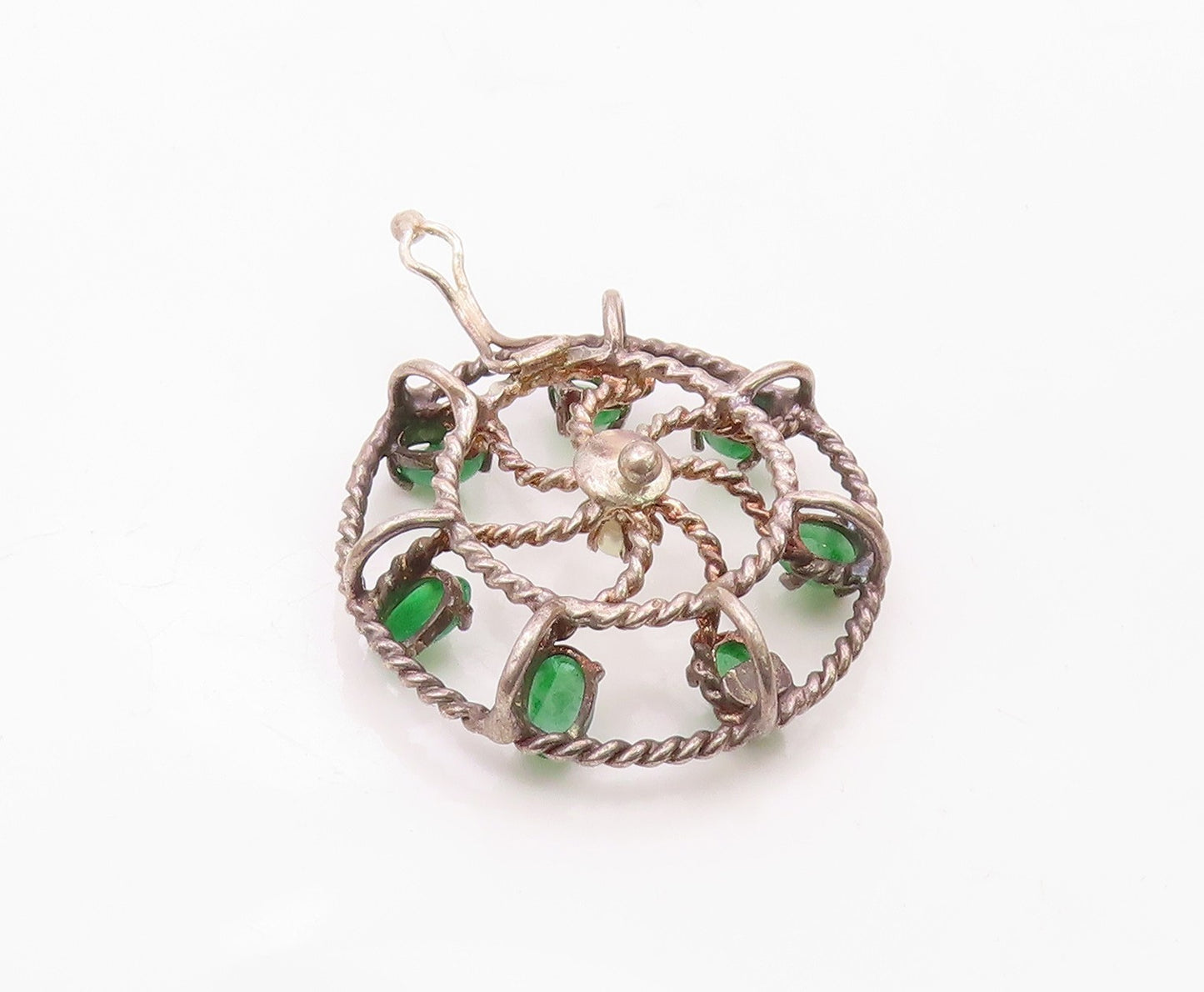 925 Sterling Silver  Vintage Emerald & Pearl Twist Wheel Pendant  PT10922