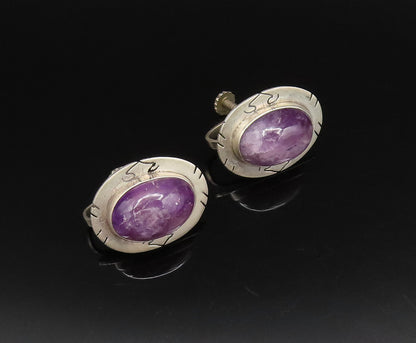 CASTILLO 925 Silver  Vintage Etched Frame Amethyst Screw Back Earrings EG12190