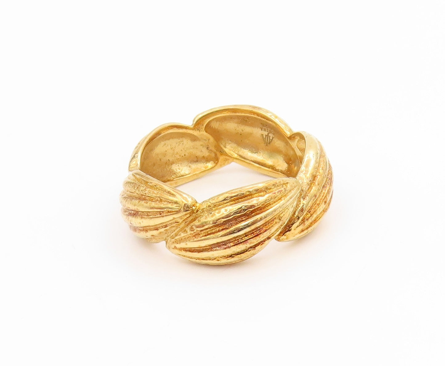925 Sterling Silver Vintage Ring Gold Plated Ribbed Shell Motif  Sz 8  RG34652