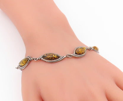 925 Sterling Silver Vintage Bracelet Green Baltic Amber Marquise Link  BT12178