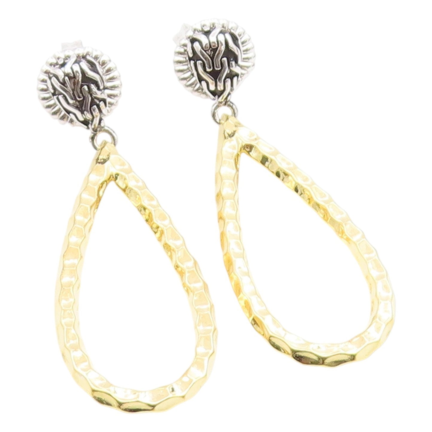 925 Sterling Silver Vintage Earrings DSMK Two Tone Hammered Teardrop  EG14162