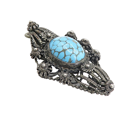 925 Sterling Silver  Vintage Antique Turquoise Floral Twist Brooch Pin  BP3041