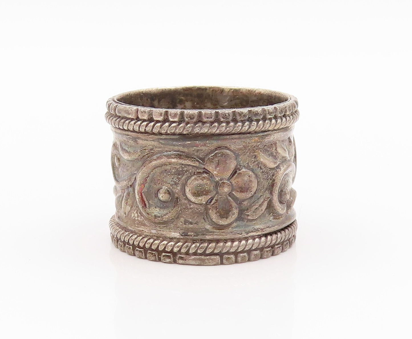 925 Sterling Silver Vintage Ring Dark Tone Broad Floral Carved  Sz 10  RG31797