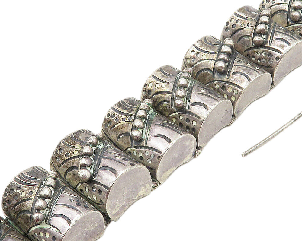 MEXICO 925 Silver Vintage Hollow Etched Dome Hinge Chain Bracelet BT6673