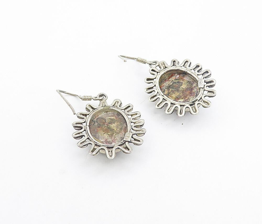 925 Sterling Silver  Vintage Cabochon Cut Jasper Floral Dangle Earrings EG3641