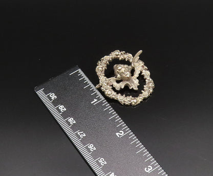 925 Silver  Vintage Antique Baby Angel Cutout Flower Wreath Brooch Pin  BP9899