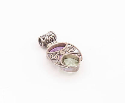 925 Sterling Silver Vintage Pendant Dark Tone Cutout Amethyst & Topaz  PT24003