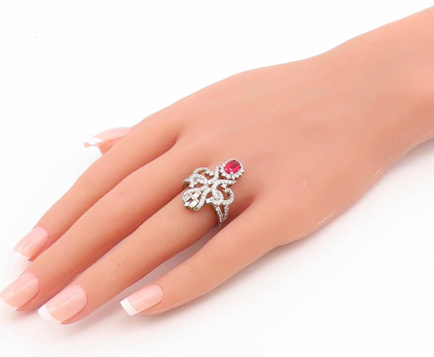 925 Sterling Silver Vintage Ring Gold Plated Ruby & CZ Openwork  Sz 7  RG36780