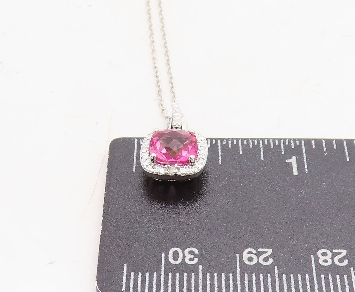 925 Sterling Silver  Genuine Diamond & Pink Topaz Shiny Chain Necklace  NE2066