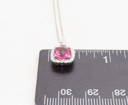 925 Sterling Silver  Genuine Diamond & Pink Topaz Shiny Chain Necklace  NE2066