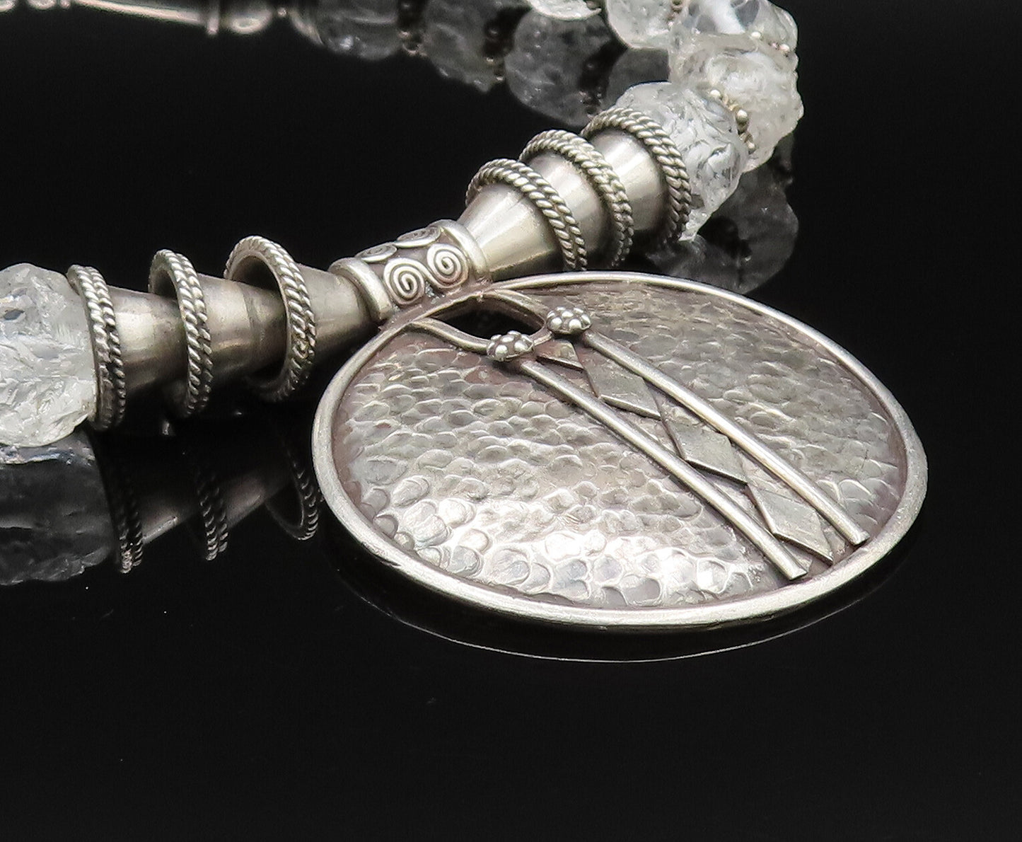 Solid Silver Vintage Heavy Hammered Circle Beaded Clear Stone Necklace  NE3916