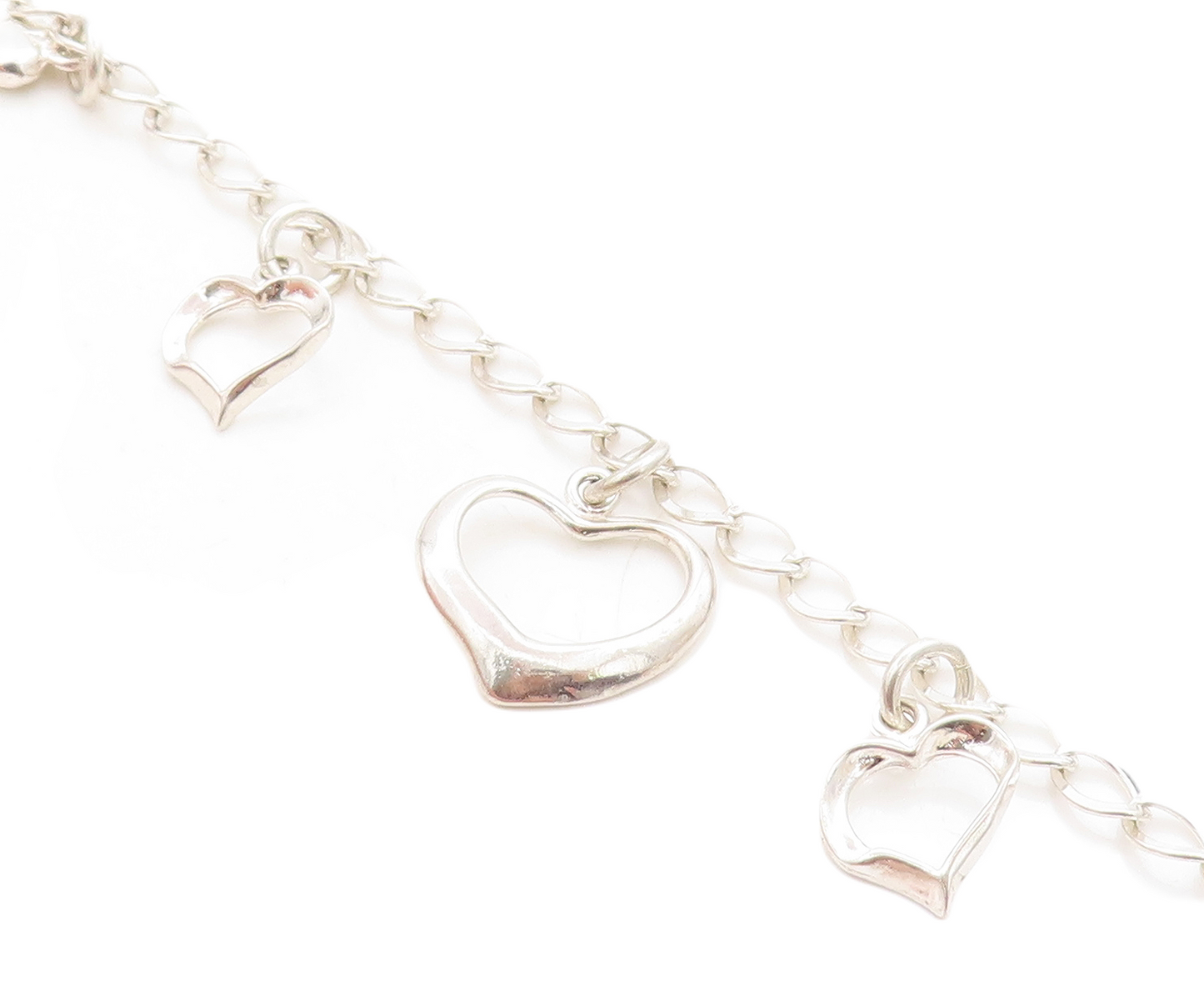 925 Sterling Silver  Open Love Heart Charmed Curb Link Chain Bracelet  BT2382