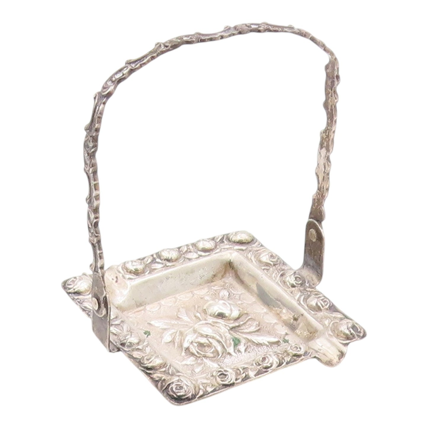 925 Sterling Silver  Vintage Shiny Floral Ash Tray With Handle  TR2850