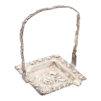925 Sterling Silver  Vintage Shiny Floral Ash Tray With Handle  TR2850