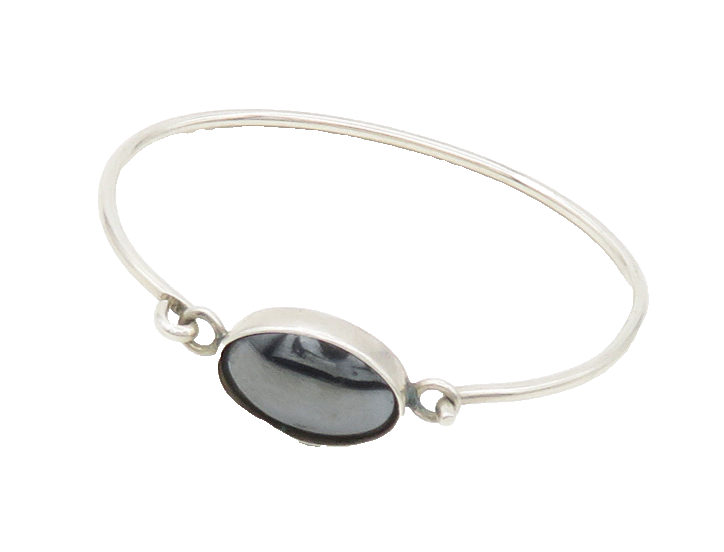 MEXICO 925 Silver  Vintage Cabochon Cut Hematite Hook Bangle Bracelet  BT6878