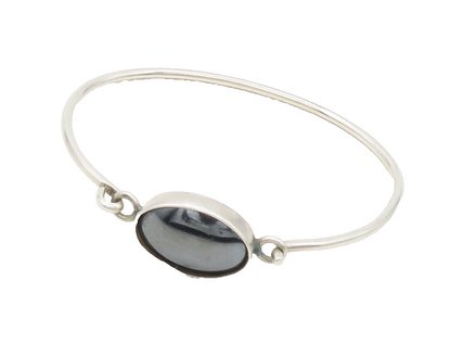 MEXICO 925 Silver  Vintage Cabochon Cut Hematite Hook Bangle Bracelet  BT6878