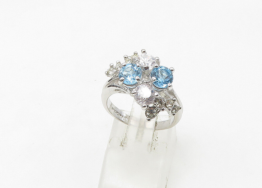 925 Silver  Vintage Blue Topaz & Cubic Zirconia Floral Band Ring Sz 6  RG21522