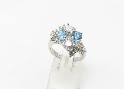 925 Silver  Vintage Blue Topaz & Cubic Zirconia Floral Band Ring Sz 6  RG21522