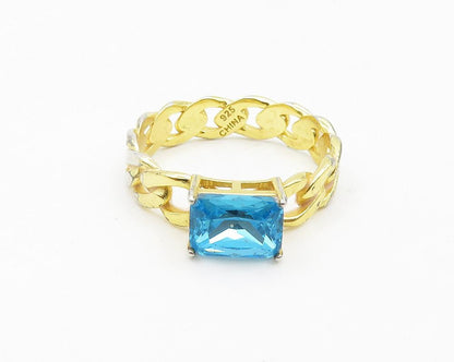 925 Sterling Silver  Blue Topaz Gold Plated Chain Link Band Ring Sz 8  RG19211