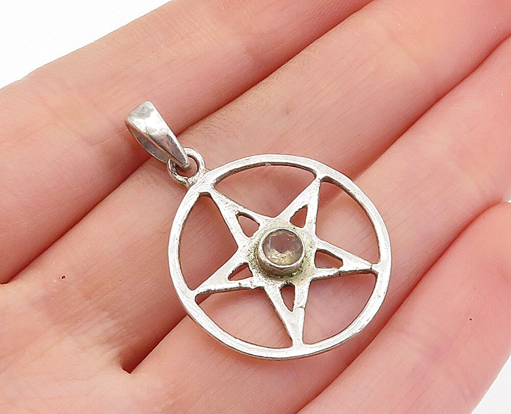 925 Sterling Silver  Vintage Shiny Topaz Open Star Circle Drop Pendant  PT4596