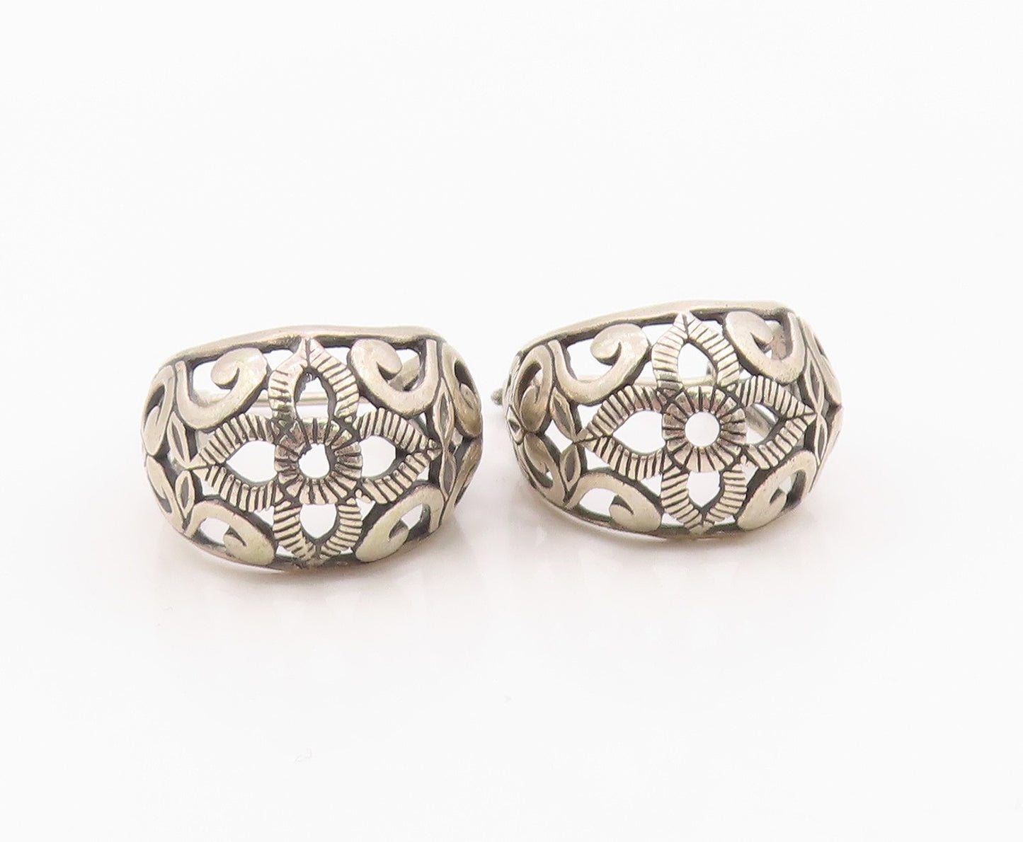 925 Sterling Silver Vintage Earrings Classic Floral Scrollwork Hoops  EG14397