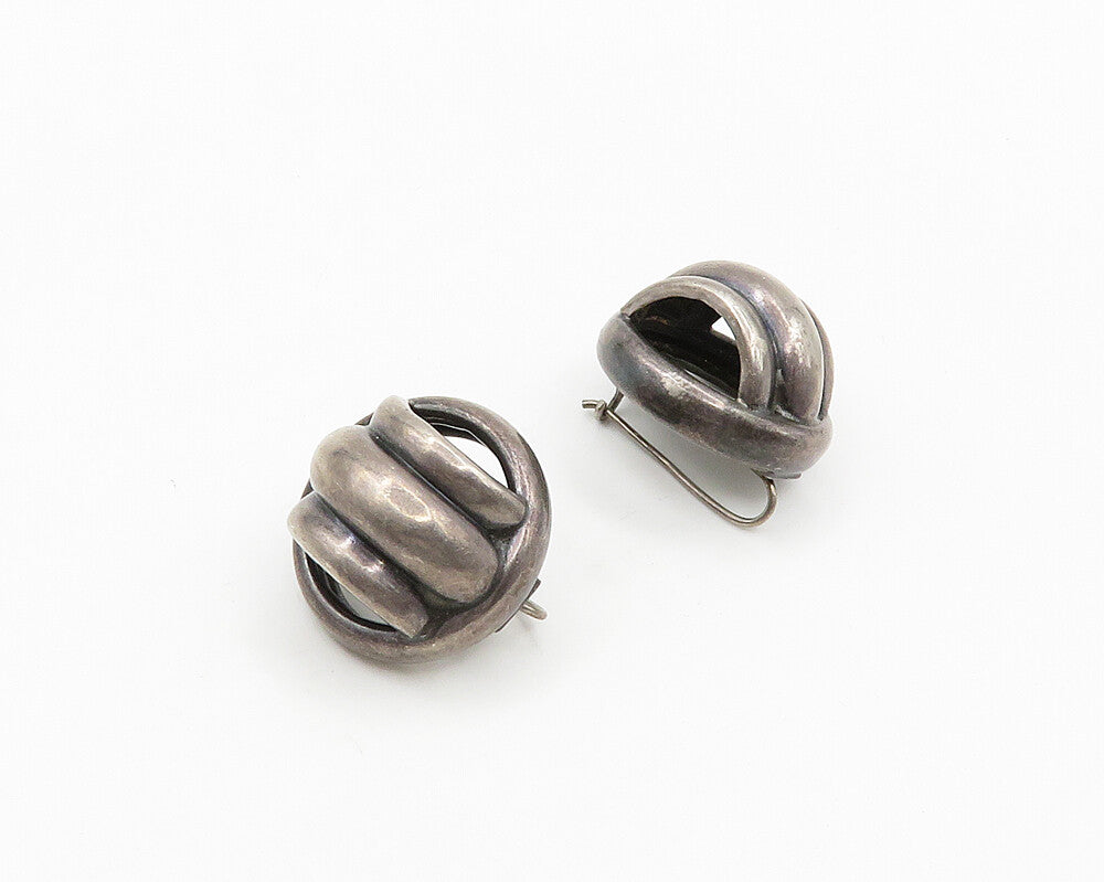 925 Sterling Silver  Vintage Dark Tone Fluted Dome Round Drop Earrings  EG9660