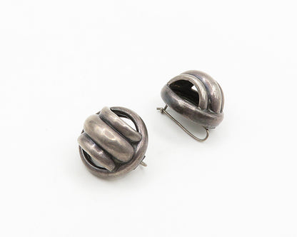 925 Sterling Silver  Vintage Dark Tone Fluted Dome Round Drop Earrings  EG9660