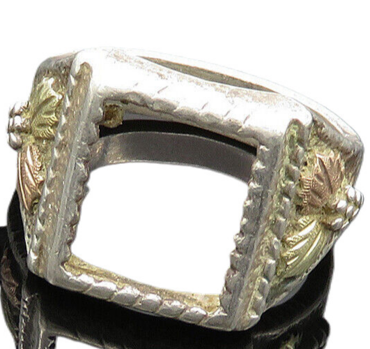 925 Silver & 12K GOLD  Vintage Antique Floral Leaves Band Ring Sz 9  RG20025