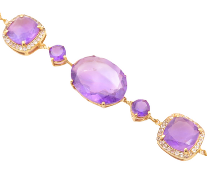 925 Sterling Silver Vintage Bracelet Gold Plated Multi Shape Amethyst CZ BT10840