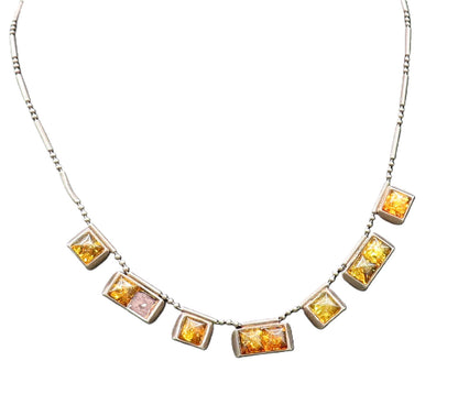 925 Silver  Vintage Multi Square Baltic Amber Bar & Bead Necklace  NE3898