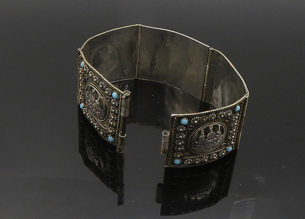 925 Sterling Silver Vintage Antique MIDDLE EAST Turquoise Chain Bracelet  BT8359
