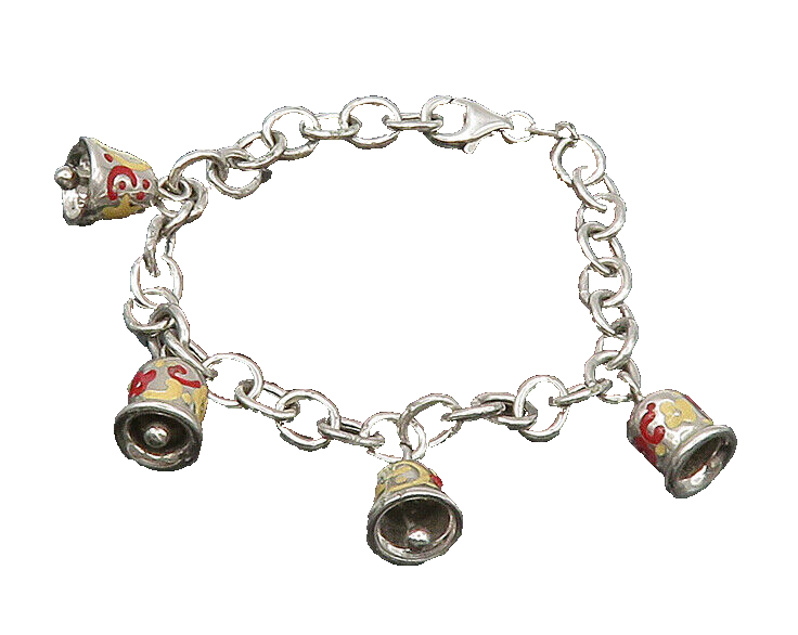 925 Sterling Silver  Vintage Enamel Floral Bell Charms Chain Bracelet  BT8380