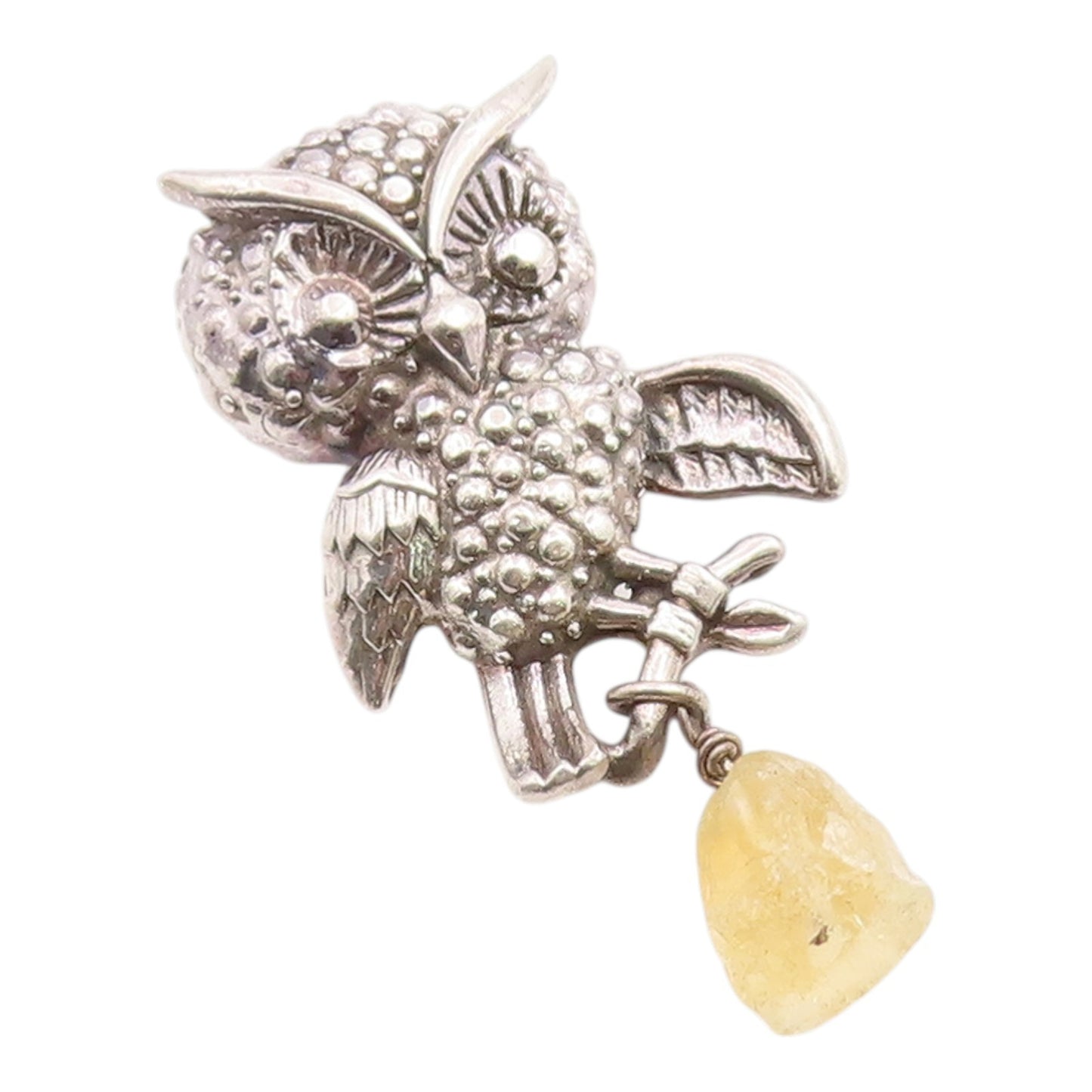 925 Sterling Silver Vintage Pendant ISRAEL Citrine Figural Wise Owl  PT26250