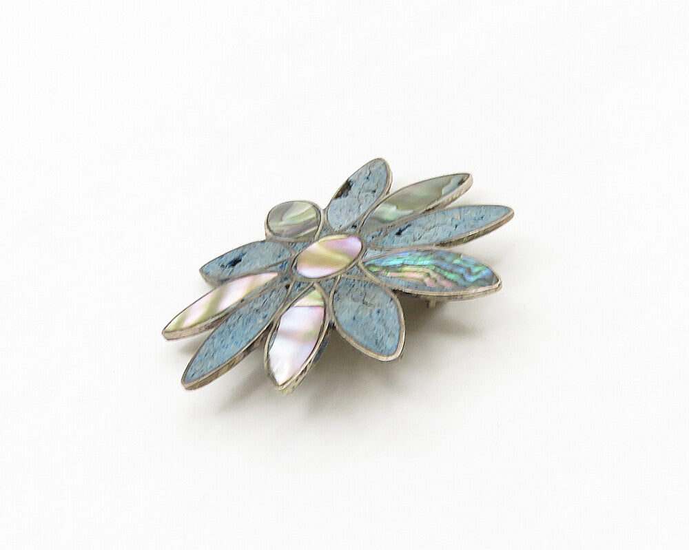 MEXICO 925 Silver  Vintage Abalone Shell & Turquoise Flower Brooch Pin  BP7119